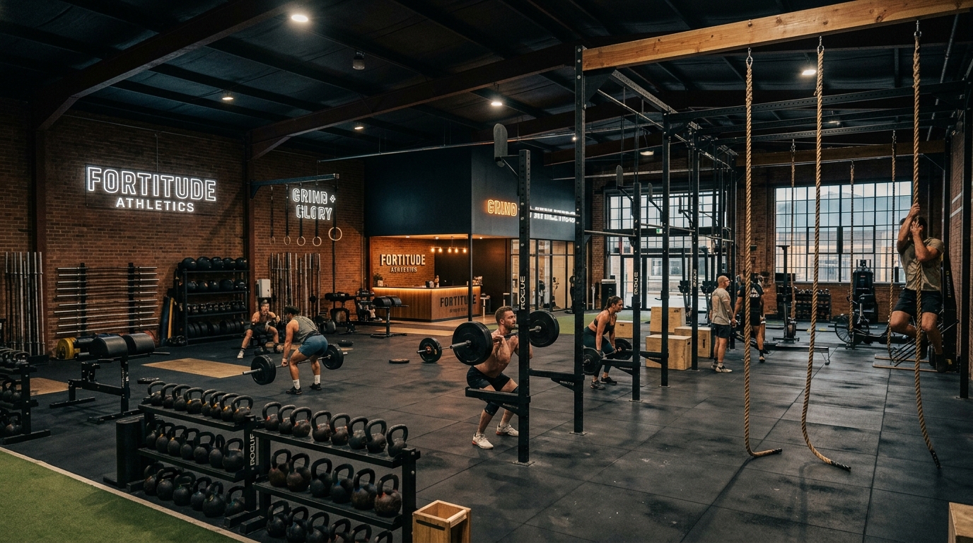CrossFit training box with kettlebells and climbing ropes